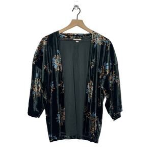 LOFT Kimono Top Women's One Size Green Floral Velvet Open Front 3/4 Sleeve